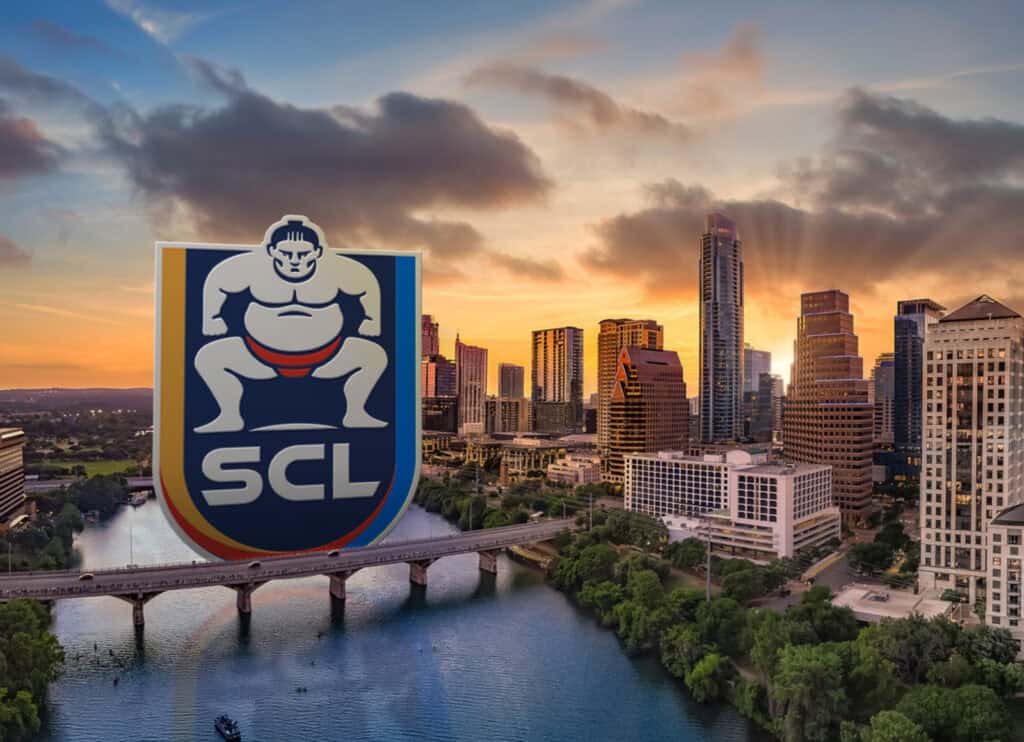 Sumo Championship League logo with Austin cityscape at sunset.