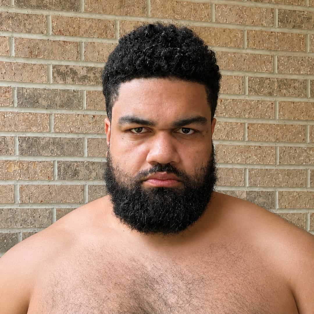 Close-up of Brandon Rudzinski with serious expression, bare shoulders, against brick wall.