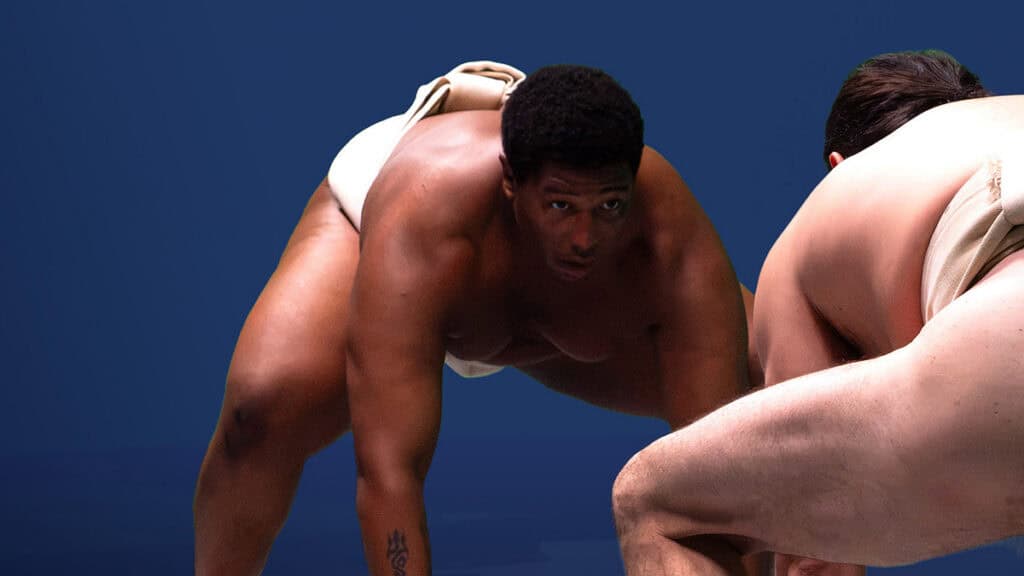 Sumo wrestler in a ready stance on a blue background.