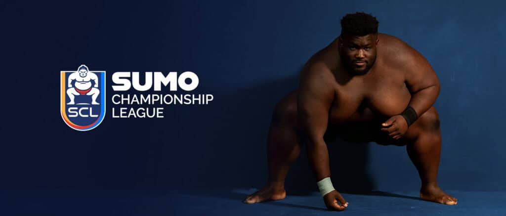 Sumo wrestler in stance on blue background with league logo.