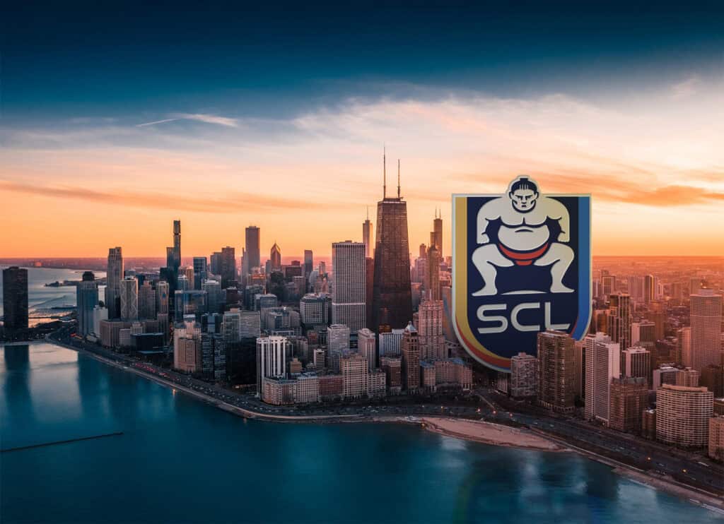Chicago skyline at sunset with Sumo Championship League logo overlay.