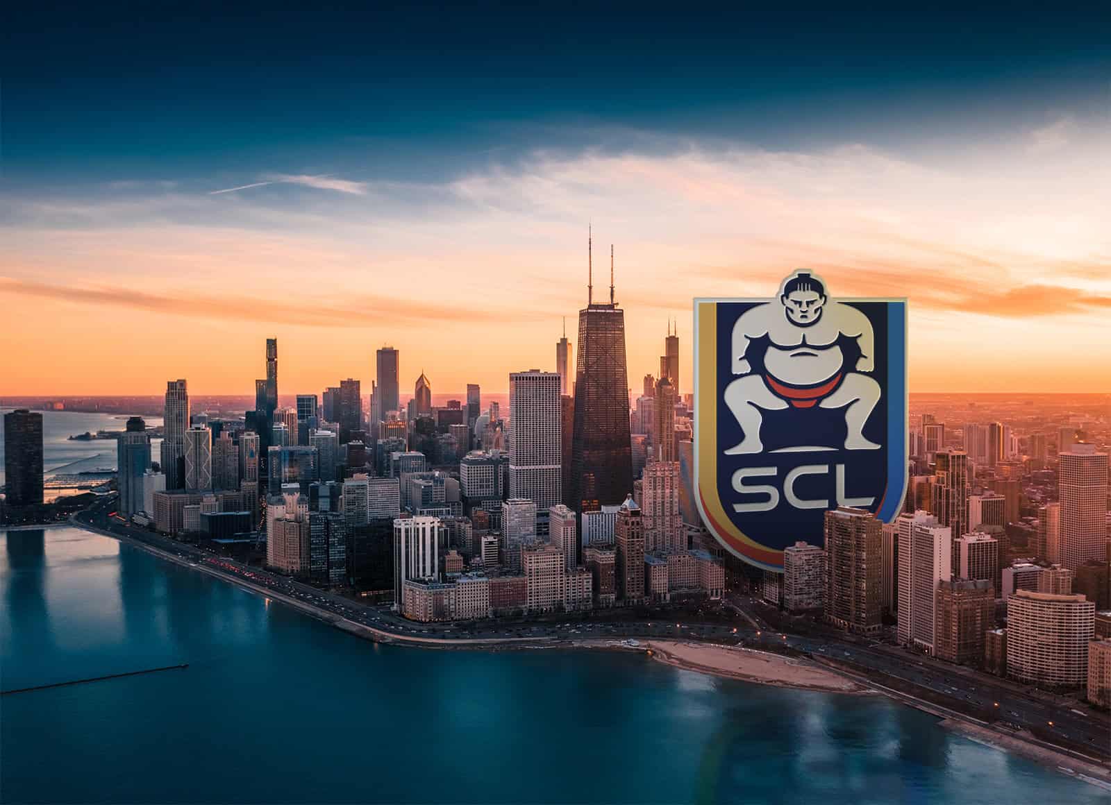 Chicago skyline at sunset with Sumo Championship League logo overlay.